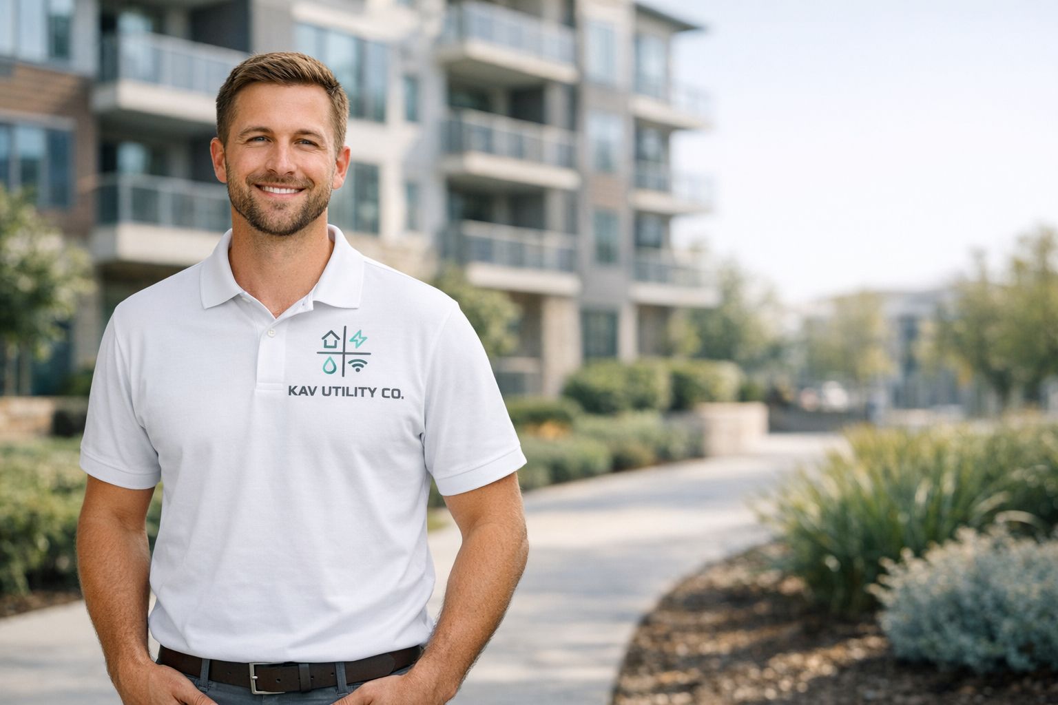 KAV Utility team member outside a multifamily property